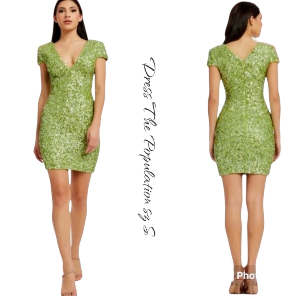 NWT Dress the Population Zoe Sequin Mini Dress Green Small Bodycon V-Neck